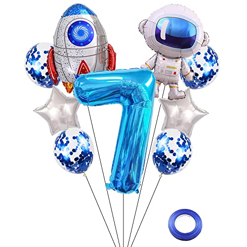 Kawailay Weltraum Luftballon Set Astronauten Geburtstag Deko 7 jahre Astronauten Raketen Folienballon Blau Zahl 7 Luftballons Aluminium Ballon für Kinder Jungen Mädchen Geburtstag Party von Kawailay