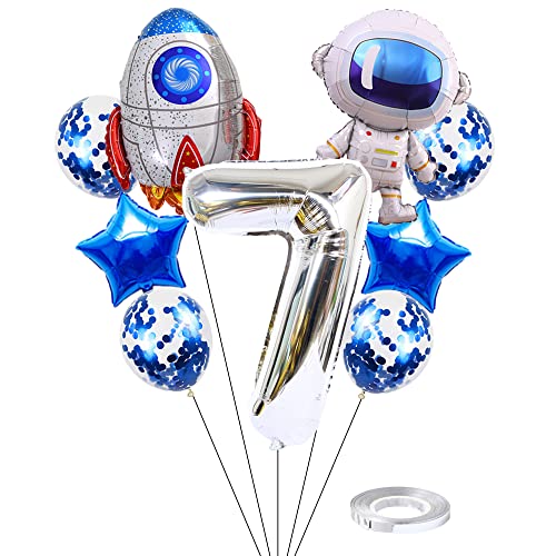 Kawailay Weltraum Luftballon Set Astronauten Geburtstag Deko 7 jahre Astronauten Raketen Folienballon Silber Zahl 7 Luftballons Aluminium Ballon für Kinder Jungen Mädchen Geburtstag Party von Kawailay