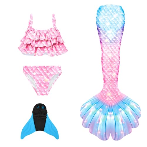 Kawoja Fish Tail Kostüm Kinder mit Bikini Set, 4er Set Mädchen Badebekleidung und Monoflosse, Badeanzug mit Fischschwanz Cosplay, Sommer Bademode Schwimmflossen für 4-14 Jahre von Kawoja