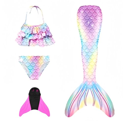 Kawoja Fish Tail Kostüm Kinder mit Bikini Set, 4er Set Mädchen Badebekleidung und Monoflosse, Badeanzug mit Fischschwanz Cosplay, Sommer Bademode Schwimmflossen für 4-14 Jahre von Kawoja