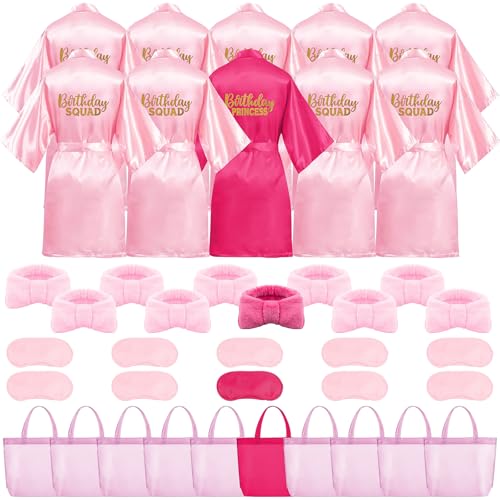 40 Stück Mädchen Spa Party Supplies Kinder Satin Roben Bulk Sleepover Slumber Party Kit enthält 10 Größe 12 bedruckte Kinder-Bademäntel, 10 Schmetterlings-Stirnbänder, 10 Augenmasken und 10 Taschen von Kaxtde