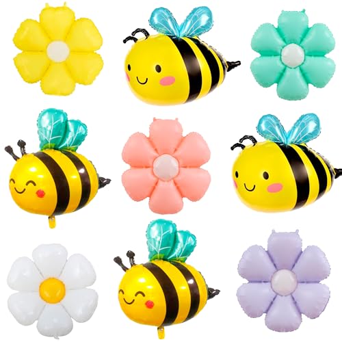 Bienen-Geburtstagsparty-Dekorationen, 4 Stück Bienenballons/Hummel-Folienballon + 5 bunte Blumen-Folienballons/Blumenballons für Bienen-Party-Dekorationen von Kaxulvoblig