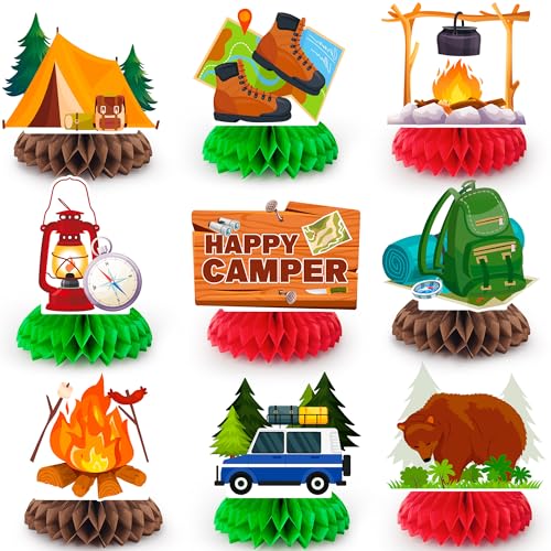 Camping Waben-Mittelstück, 9 Stück, Camper-Tischaufsätze, Happy Camper, Waben-Mittelstücke, Camping-Geburtstagsparty-Dekorationen für Tisch, Camping-Themenparty-Dekorationen für Tisch von Kaxulvoblig