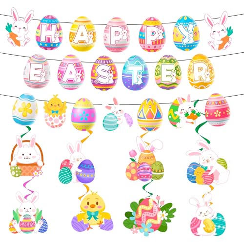 Osterdeko Banner Spiral, 9 Pcs Ostern Ostern Deko, Frohe Ostern hängende Wirbeldekoration Osterhasen Eier Dekoration Deckenhänger, Spirale für Frühlingsdekoration Osterfeier-Dekoration von Kaxulvoblig