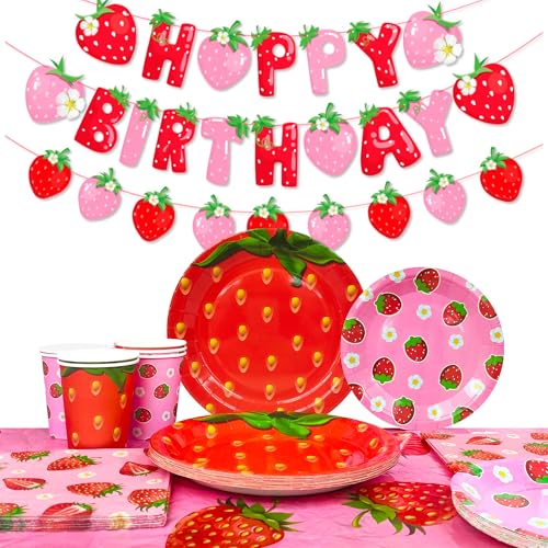 Erdbeer Party Geschirr für 16 Personen, Erdbeere Partygeschirr Set - Teller Tischdecken Serviette Banner etc Erdbeere Geburtstag Dekorationen von Kaxulvoblig