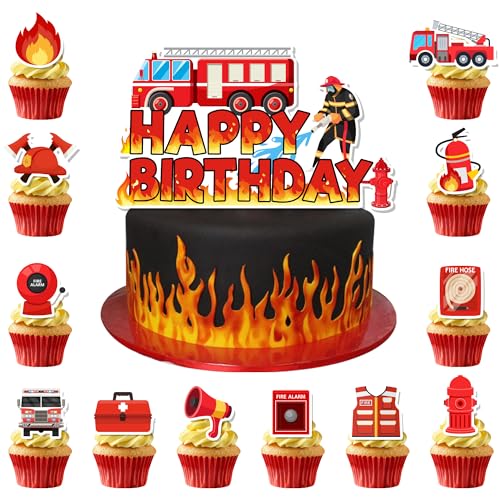 Feuerwehr Tortendeko Geburtstag, 25pcs Feuerwehr Deko Set, Tortendeko Feuerwehr Feuerwehr Motivtorte Deko Fire Truck Cupcake Toppers für Kinder von Kaxulvoblig