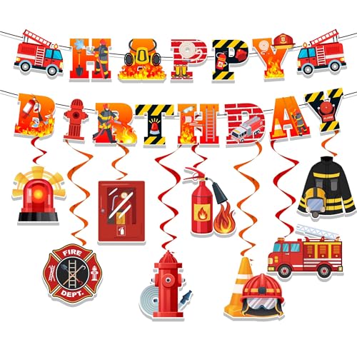 Feuerwehrmann Geburtstagsparty Dekorationen Set, 9pcs Feuerwehrautos Geburtstagsbanner Hängende Wirbel für Feuerwehrauto Party Deko von Kaxulvoblig