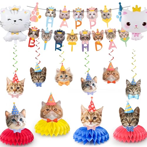 Katzenbanner Deko, 27pcs Katzenthema Party Dekorationen - Katze Happy Birthday Banner, Katzen Deko Geburtstag Spiralförmige Dekorationen Luftballon Katze etc Katzenthema Geburtstags Dekorationen von Kaxulvoblig