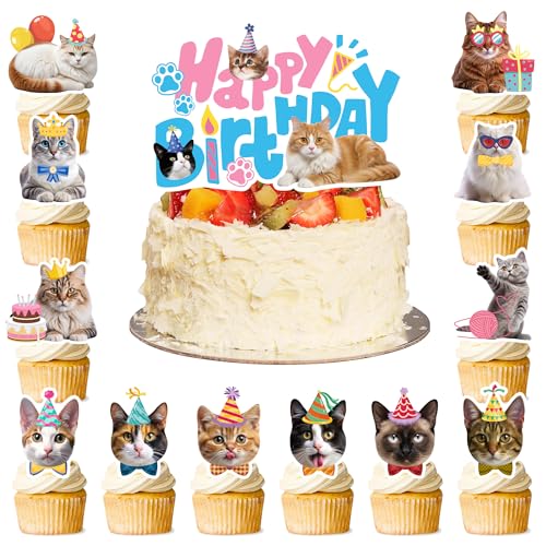 Katzenkuchenaufsätze, 24 Stück Katzen-Cupcake-Topper, Kätzchen-Thema, Cupcake-Topper + 1 Stück Katzengeburtstagskuchenaufsatz, Katzenkuchendekorationen für Katzengeburtstagsdekorationen und von Kaxulvoblig