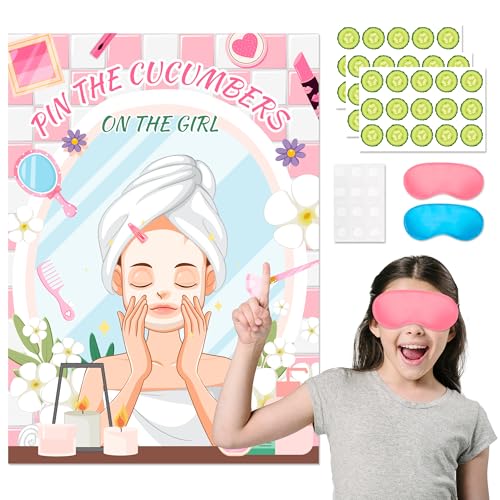 Spa-Partyspiel, 7 Pcs Pin the Cucumber on the Girl mit Spa - Spa-Spiel-Poster, Gurken-Spa-Aufklebern & Spa Party Deko Aufkleber für Spa Geburtstagsparty Zubehör & Spa Geburtstags Pyjama-Party von Kaxulvoblig