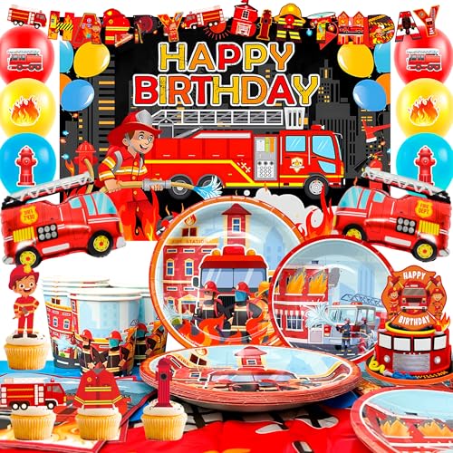 Kaxulvoblig Feuerwehrauto Geburtstagszubehör, 10 Gäste, Feuerwehrmann-Thema, Geburtstagsparty-Dekoration, Feuerwehrauto-Folienballons, Hintergrund, Teller, Tassen, Tischdecke usw von Kaxulvoblig
