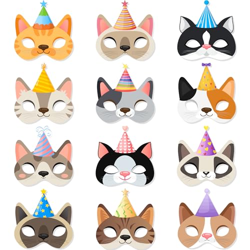 Kaxulvoblig Katzen Partys Masken, 24pcs Katzen Geburtstagsparty Masken für Kinder Katzen Geburtstag Deko von Kaxulvoblig