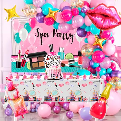 Make-up-Geburtstagsparty-Dekorationen, 101 Stück, Spa-Geburtstagsparty-Dekorationen, Spa-Ballons, Hintergrund, Kuchendekoration, Tischdecke usw., Make-up-Zubehör von Kaxulvoblig
