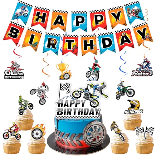 Motorrad Geburtstagsdeko Set, 20Pcs Motorrad Geburtstagsbanner Cake Topper & Hängende Spirale etc Dirt Bike Motorrad Party Supplies von Kaxulvoblig