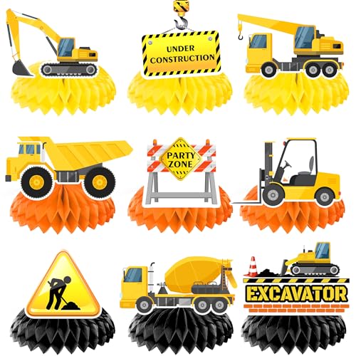 Waben-Mittelstücke, 9 Stück, Baufeile, Baufeile, Baufahrzeuge, Wabenaufsätze und Bagger, Wabendekoration, für Bau, Geburtstag, Partyzubehör, Dekorationen von Kaxulvoblig
