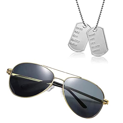 Flieger Verkleidung Accessoires Flieger Captain Kostüm Set Sonnenbrille Fliegerbrille und Erkennungsmarke Kette Hundemarke Dog Tag Anhänger für Damen Herren Erwachsene Karneval Halloween Cosplay von Kayan