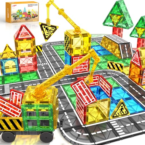 Magnetische Bausteine Kran Straße Kugelbahn Spielzeug ab 3 4 Jahre Magnet Kinder Magnetspiel Magnetic Tiles Magnetbausteine Auto Weihnachten Geburtstag Geschenk ab 2 3 4 5 6 7 8+ Jahre Jungen Mädchen von Kaysaitoy