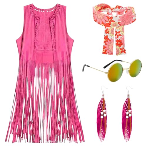 Fransen ärmellos Weste Hippie Kleidung Damen, Hippie Kostüm Damen Set, 60er 70er Jahre Bekleidung Mädchen, Disco Outfits Fransenweste, Hippie Bolero Karneval Faschingskostüme (M) von Kayuneed
