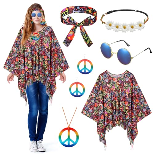 Kayuneed Damen Hippie Kostüm Set mit Frieden Zeichen Accessoires, Universal Size, 60er 70er Jahre Bekleidung, Karneval Faschingskostüme, Boho Flower Power, S-XXL von Kayuneed