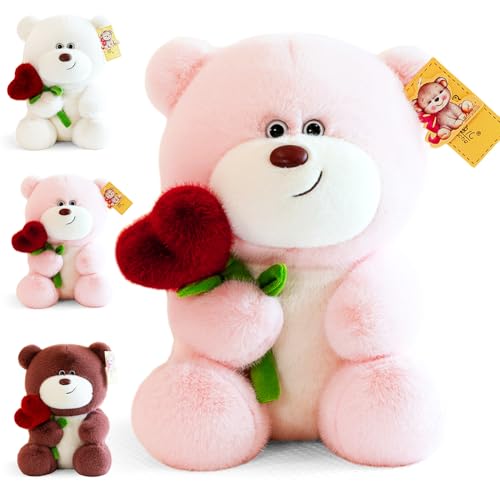 Teddybär, Plüsch-Bär, 28cm Teddy mit Herz Rose, Stofftier Teddy, Teddybären Rose Stofftier, Dekozimmer Kissen, Schmusetier Geschenke Für Mama, Kinder, Liebhaber, Valentinstag, Geburtstage (Rosa) von Kayuneed