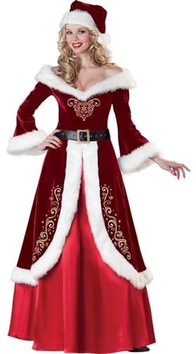 Damen Weihnachtsmann Kostüm Set, Ausgefallenes Samt Cosplay Set, Weihnachtskleid, Mottoparty, Bühnenshow, Kostüm Mit Gürtel Und Petticoat 4XL. von Kcolic