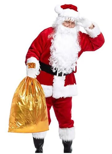 Kcolic 11-Teiliger Weihnachtsmann-Anzug Für Herren, Luxuriöses Weihnachtsmann-Kostüm Für Erwachsene, Gürtel+Handschuhe+Stiefelüberzüge Aus Leder+ Glocke+Brille+Perücke+Süßigkeitenbeutel 5XL. von Kcolic