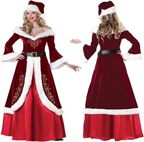 Lady Santa Claus Kostüm Roter Samt Weihnachtskleid Damen Langes Kleid Fancy Party Cosplay Weihnachtskleid Damen Hut + Kleid + Gürtel 2XL. von Kcolic