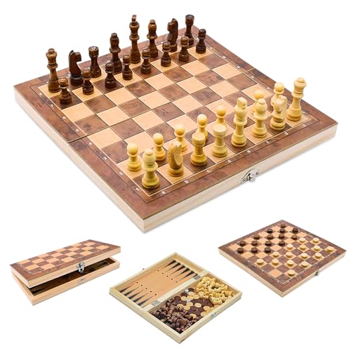 Keaistar 3 in 1 Schachspiel aus Holz 34x34 cm Schach Dame Backgammon Klappbar Chess Board Set mit Tragbare Aufbewahrungsbrett für Party Familie Aktivitäten von Keaistar