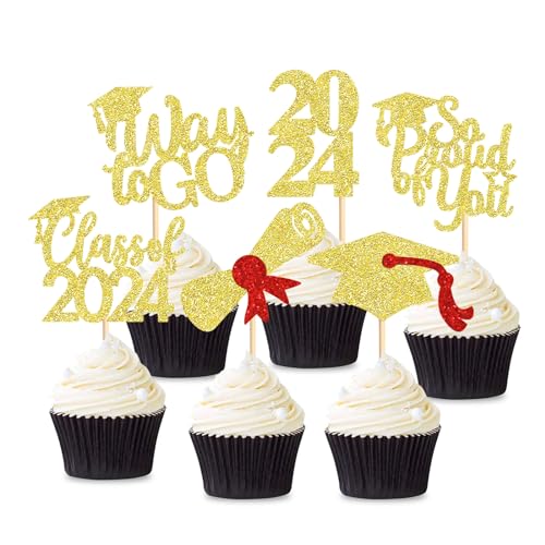 Keaziu Cupcake-Aufsätze mit Aufschrift "So Proud Of You Way to Go", Klasse 2024, Cupcake-Picks für 2024, Abschlussfeier, Geburtstag, Party, Gold, 36 Stück von Keaziu