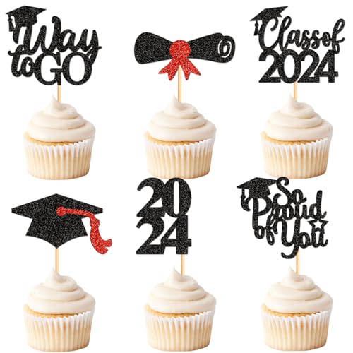 Keaziu Cupcake-Aufsätze mit Aufschrift "So Proud Of You Way to Go", Klasse 2024, Cupcake-Picks für 2024, Abschlussfeier, Geburtstag, Party, Zubehör, Schwarz, 36 Stück von Keaziu