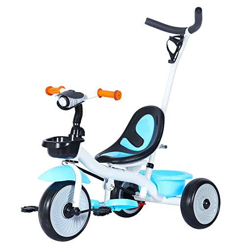 Aufgerüstetes Baby-Dreirad, Kinderwägen und Kinderfahrräder 2 in1, Laufräder Kinderfahrrad Mit Korb und Becherhalter (Weiß+Blau-YR301494) von Kedia
