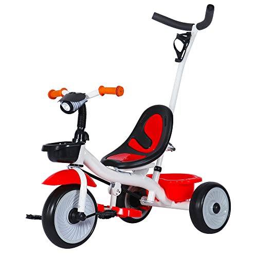 Aufgerüstetes Baby-Dreirad, Kinderwägen und Kinderfahrräder 2 in1, Laufräder Kinderfahrrad Mit Korb und Becherhalter (Weiß+Rot-YR301494) von Kedia