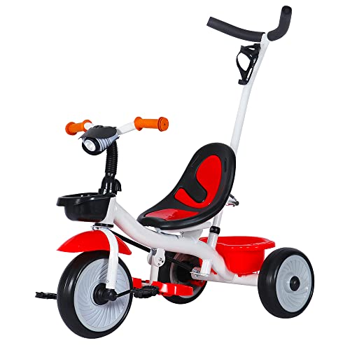 Kinderdreirad mit Schubstange, Kleinkind-Dreirad Pedale, Laufräder Kinderfahrrad laufrad für Kinder ab 15 Monaten (Weiß Rot) von Kedia
