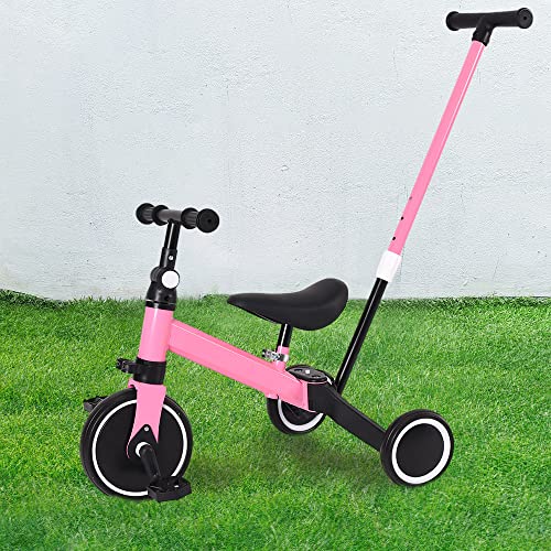 Kleinkind-Dreirad, Laufrad mit Abnehmbare Pedale, Höhenverstellbarer Sitz, Laufräder Kinderfahrrad Laufrad für Kinder (Rosa+Schubstange) von Kedia