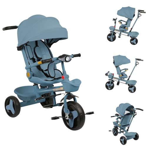Kleinkind-Dreiräder, Multi-Funktions-Dreirad mit Verstellbarem Schubstange Lenksystem, Kinderwagen, Kinderdreirad mit Sonnenschirm, Verstellbarer Sitz (blau-A) von Kedia