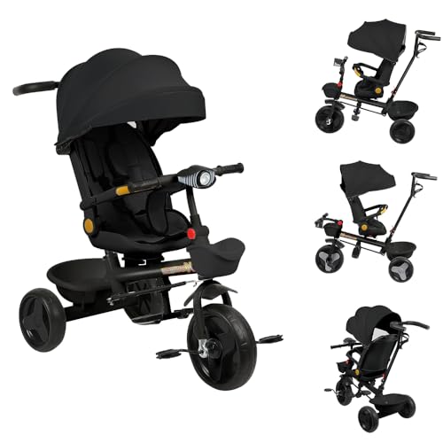 Kleinkind-Dreiräder, Multi-Funktions-Dreirad mit Verstellbarem Schubstange Lenksystem, Kinderwagen, Kinderdreirad mit Sonnenschirm, Verstellbarer Sitz (schwarz-A) von Kedia