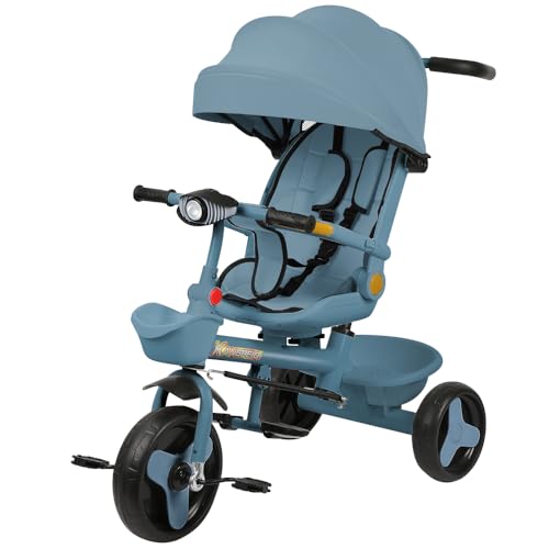 Multi-Funktions-Kinderdreirad, 5 in1 Kleinkind-Dreiräder-Kinderwagen, Dreirad mit Verstellbarem Schubstange Lenksystem, Verstellbarer Sitz, Sonnenschirm (Blau-5 in 1) von Kedia