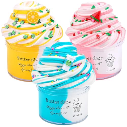 Butter-Slime-Set 3er-Pack mit Wassermelonen-, Latte- und Zitronen-Charms – Süßes Preppy-Zubehör – Niedliches Stressabbau-Spielzeug & Geschenkidee für Mädchen & Jungen – Duftendes, ästhetisches Spielze von Keemanman
