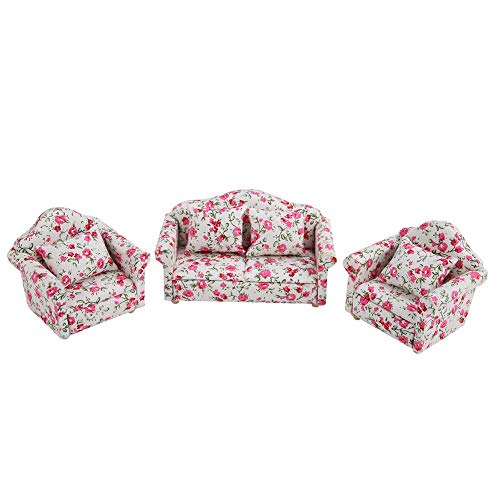 Keenso 1/12 PUPPENHAUS-SEFA-Set, Tragbares Mini-Sofa-Set MIT Blumenmuster und Rückkenkissen für Puppenhaus-Möbelzuhör (Kleine Blutenbüschel (Kleiner Blütencluster) von Keenso