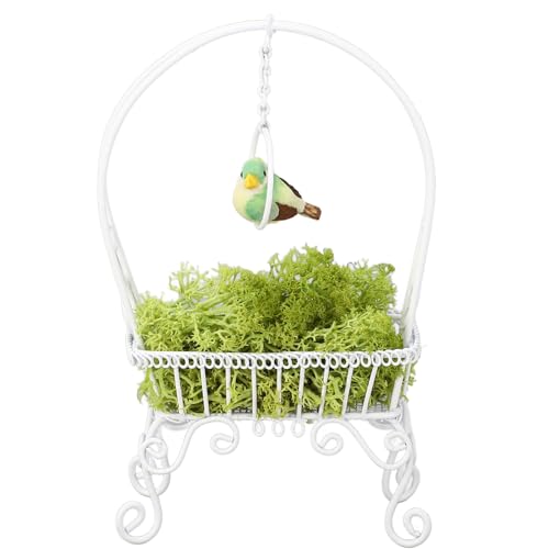 Keenso Mini Stehender Vogelring, 1:12 Metallvogelschwung mit Künstlichem Gras, Freistehende Vogeldekoration für Dollhouse -Garten und Kinderspiele, Ideal für Kreatives Spielen (White) von Keenso