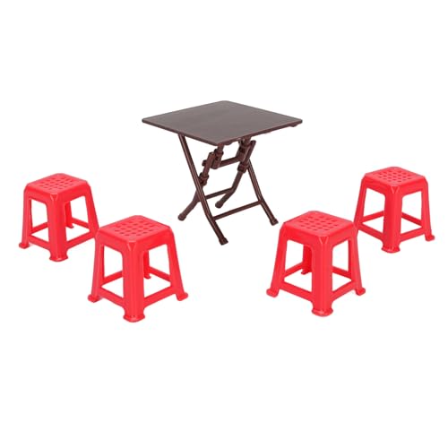 Miniatur Möbel Tisch und Stuhl, Puppenhaus Im Maßstab 1:12 Zubehör Puppenhaus Miniatur Möbel Tisch Hocker Klapptisch Rote Hocker Modell von Keenso