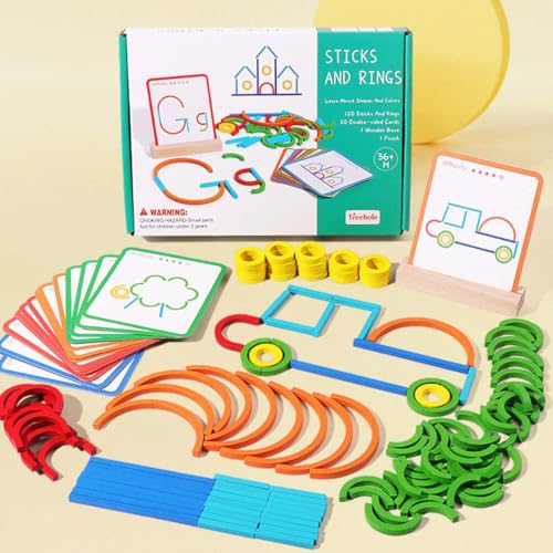 120 Stück Montessori Kinder Puzzle Logik Training Ring Spiel, Puzzle Stöcke und Ringe mit Karten, Lernspielzeug das Räumliches Denken Fördert, Montessori Spielzeug Holzpuzzles für Kinder von Keeplus