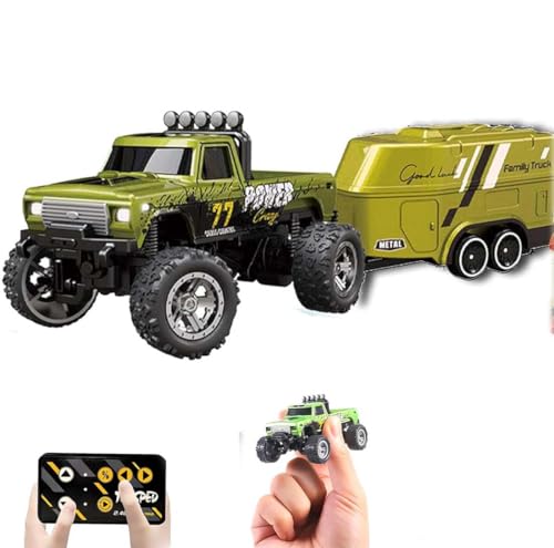 Bigfoot Monster Buggy, Ferngesteuertes Auto, Monster Truck Spielzeug, Monstertruck 2.4GHz,1:64 Mini RC Monster Trucks mit Anhänger, wiederaufladbarer Mini RC Monster Trucks Für Kinder (Grün) von Keeplus