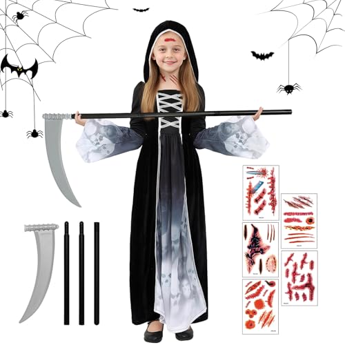 Halloween Kostüm Sensenmann Mädchen, Gespenster Prinzessin Kostüm, Halloween Kostüm Kinder 4–12 Jahre mit Sense und Tattoos, Kinder Reaper Kostüm für Halloween Karnevals Cosplay Party (S) von Kefyvbdj