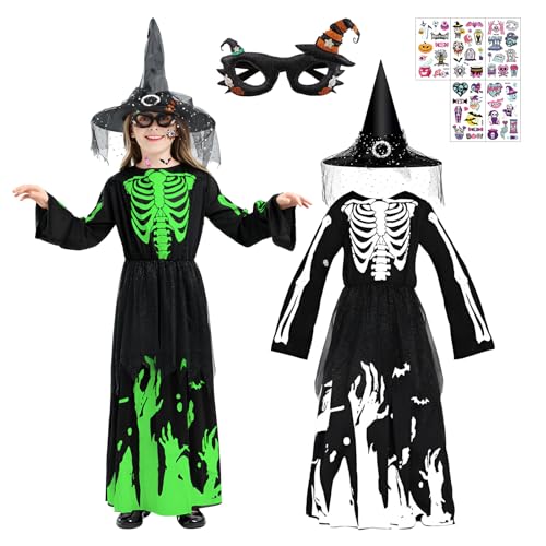 Hexen Skelett Kinder Leuchtend, Halloween Hexenkostüm Mädchen, Prinzessin Skelett Kostüm mit Hexenhut, Halloween Kostüm Kinder, Kinderaufkleber, für Halloween Karnevals Dress Up Party (L) von Kefyvbdj