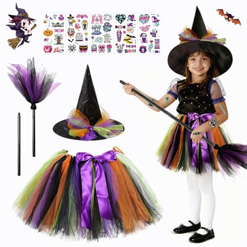 Kefyvbdj Halloween Hexenkostüm Kinder, Hexenkostüm Mädchen, Hexen Verkleidung Set mit Hexenhut, Tütü, Besen, leuchtende Aufkleber, Halloween Kostüm kinder für Fasching, Halloween, Cosplay Party Kefyvbdj Halloween Hexenkostüm Kinder, Hexenkostüm Mädchen, Hexen Verkleidung Set mit Hexenhut, Tütü, Besen, leuchtende Aufkleber, Halloween Kostüm kinder für Fasching, Halloween, Cosplay Party von Kefyvbdj