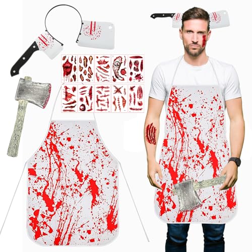 Kefyvbdj Halloween Kostüm Metzger, Halloween Schlachter, Schürze für Damen Herren, mit Narben Tattoos, Blutige Haarschmuck, halloween butcher, Erwachsene Zombie Fasching Karneval Dekoration von Kefyvbdj