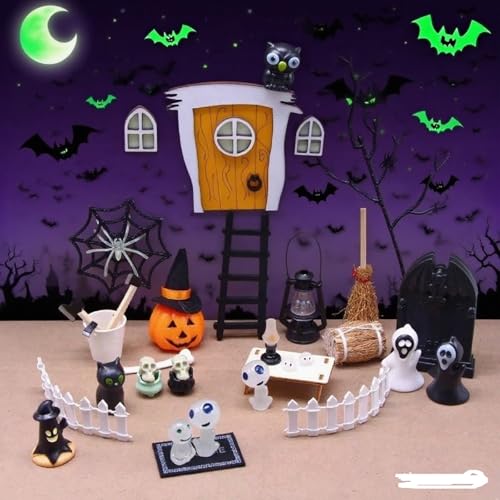 Halloween Deko Miniatur Puppenhaus,35 Stück Holz Wichteltür Zubehör Set mit Kürbis Im Dunkeln Leuchtender Geist und Andere Zubehör,Mini Werkzeug Halloween Wichtelzubehör für Wichteltür Puppenhaus (06) von Keho Keho Kehongdun