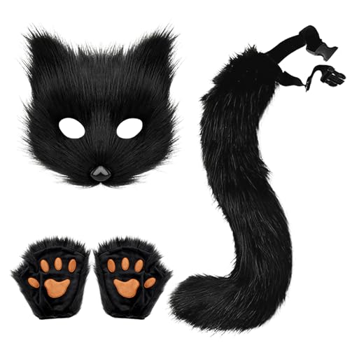 Halloween Katze Fuchs Cosplay Pelzige Fuchs Maske,Halloween Party Cosplay Kostüm Set mit Handgefertigtes Fuchs Wolf Ohren,Fuchs Tails Kostüm und Katze Fuchs Handschuhe für Kinder Erwachsene (01) von Keho Keho Kehongdun