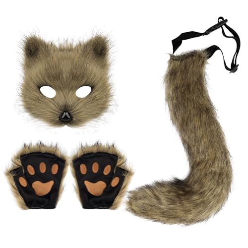 Halloween Katze Fuchs Cosplay Pelzige Fuchs Maske,Halloween Party Cosplay Kostüm Set mit Handgefertigtes Fuchs Wolf Ohren,Fuchs Tails Kostüm und Katze Fuchs Handschuhe für Kinder Erwachsene (03) von Keho Keho Kehongdun